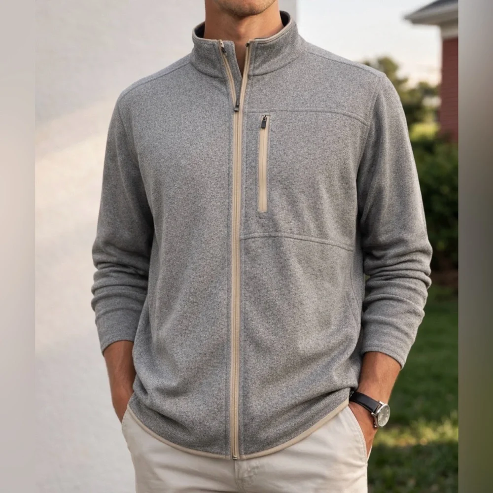 -Izod Full Zip Lightweight Grey w/Tan Trim Blade Collar Big and Tall Men's 2XL